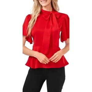 CeCe Women's Red Tie-Neck Peplum Short-Sleeve Blouse Top Size XL